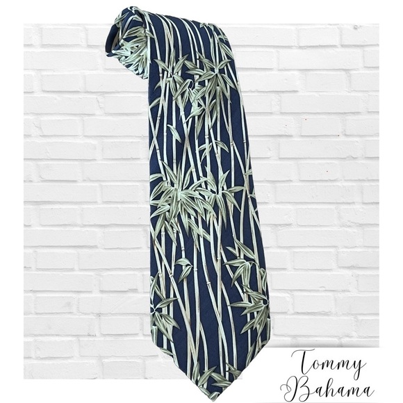 Tommy Bahama 100% Silk Suit Tie Hand Made Blue and Green with Bamboo Print Men's - Picture 1 of 5